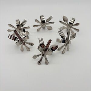 Set of 6 Silver Tone Napkin Rings Metal Flatware Utensil CutleryTheme